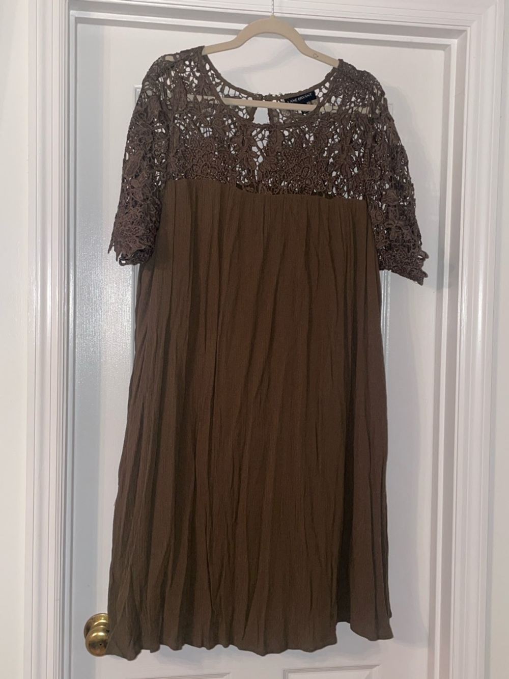 Lane Bryant Brown Crochet Yoke Short Sleeve Dress